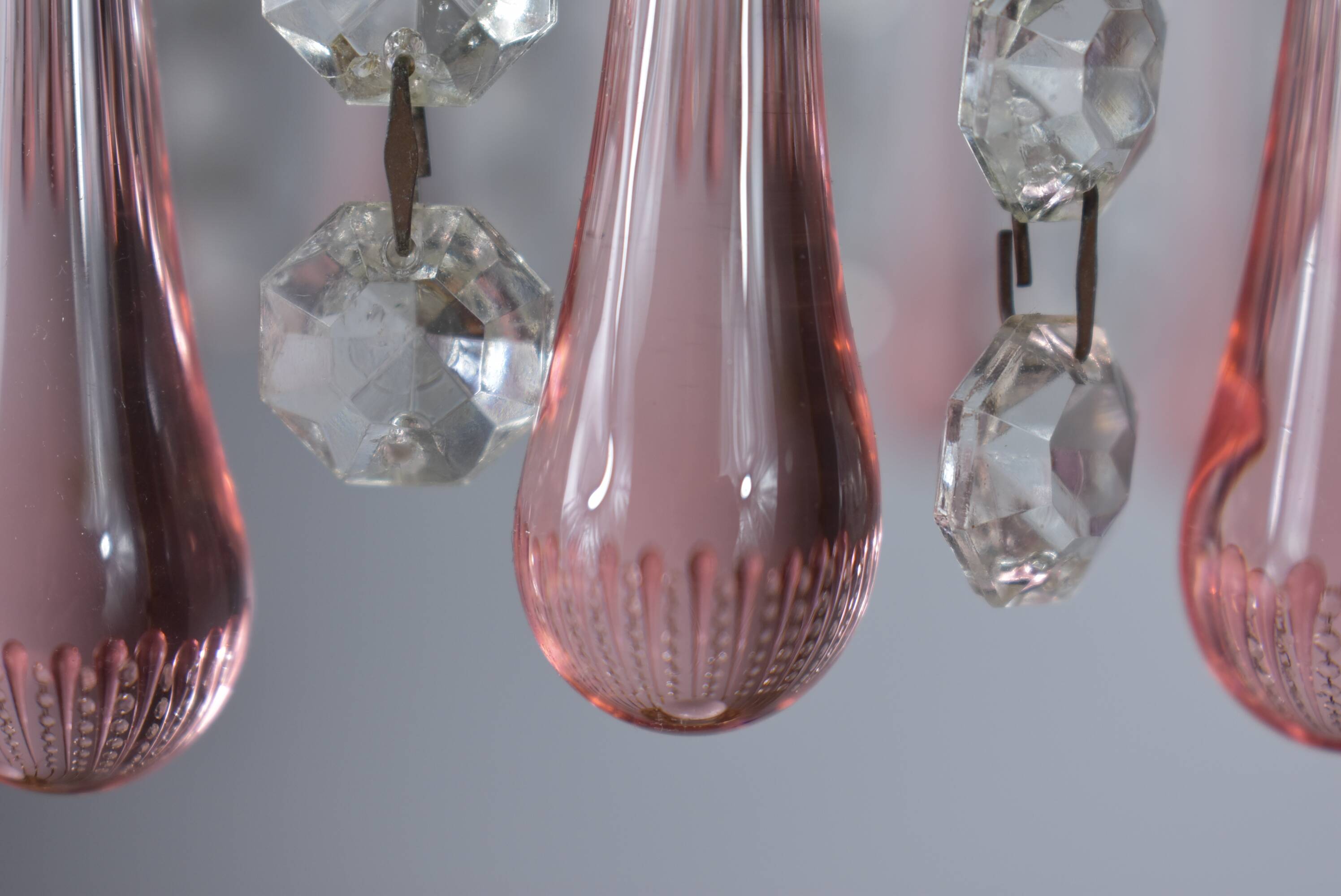chandelier glass stamps, pink glass drops.