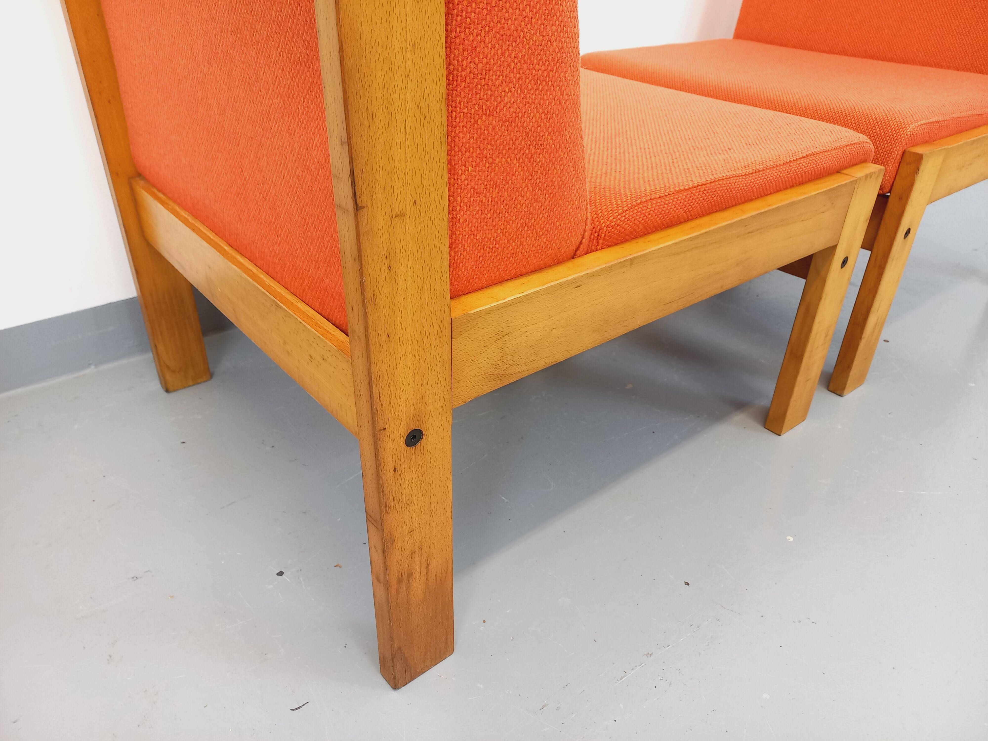 Set of 2 vintage Baumann armchairs in orange fabric and wood from the 80s