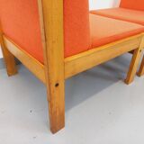 Set of 2 vintage Baumann armchairs in orange fabric and wood from the 80s