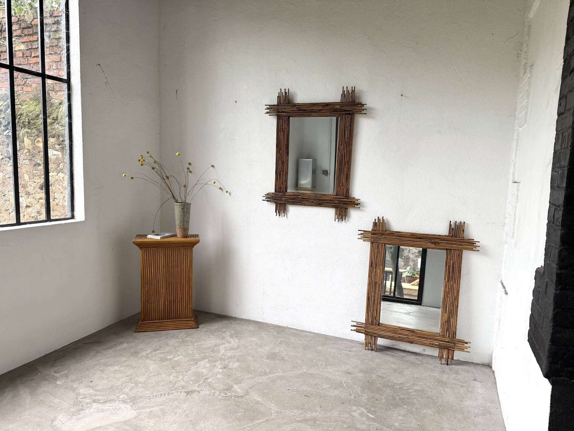 Pair of large vintage bamboo mirrors, 1970s