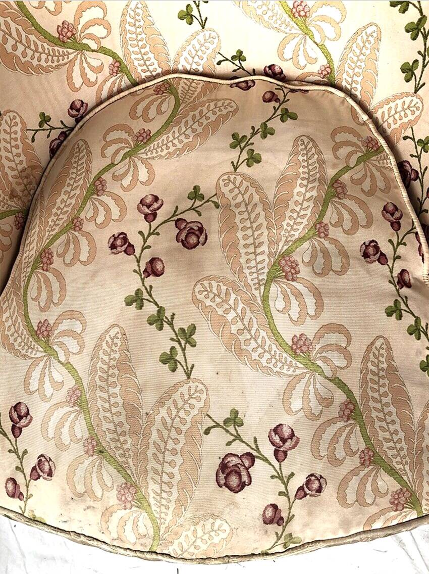 Pair of gilded wood chairs trimmed with silk with flower motifs, art deco inspired by Louis XVI