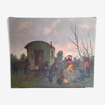 Tableau huile sur toile "camp de bohemiens" Olivier Sery