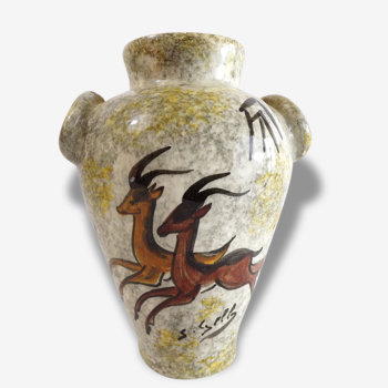 Vase rupestre signé années 50 - cerf antilope gazelle -