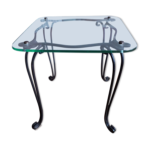 table basse des années 50 en fer forgé et plateau en verre