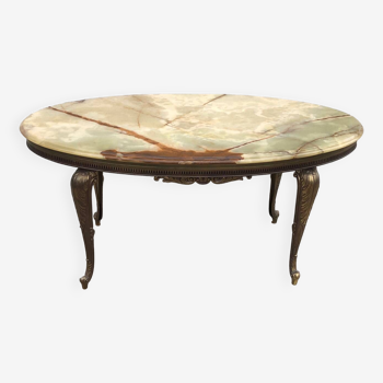 Vintage oval coffee table in onyx, marble and brass, 1950s