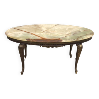 Table basse ovale vintage en onyx, marbre et laiton, 1950