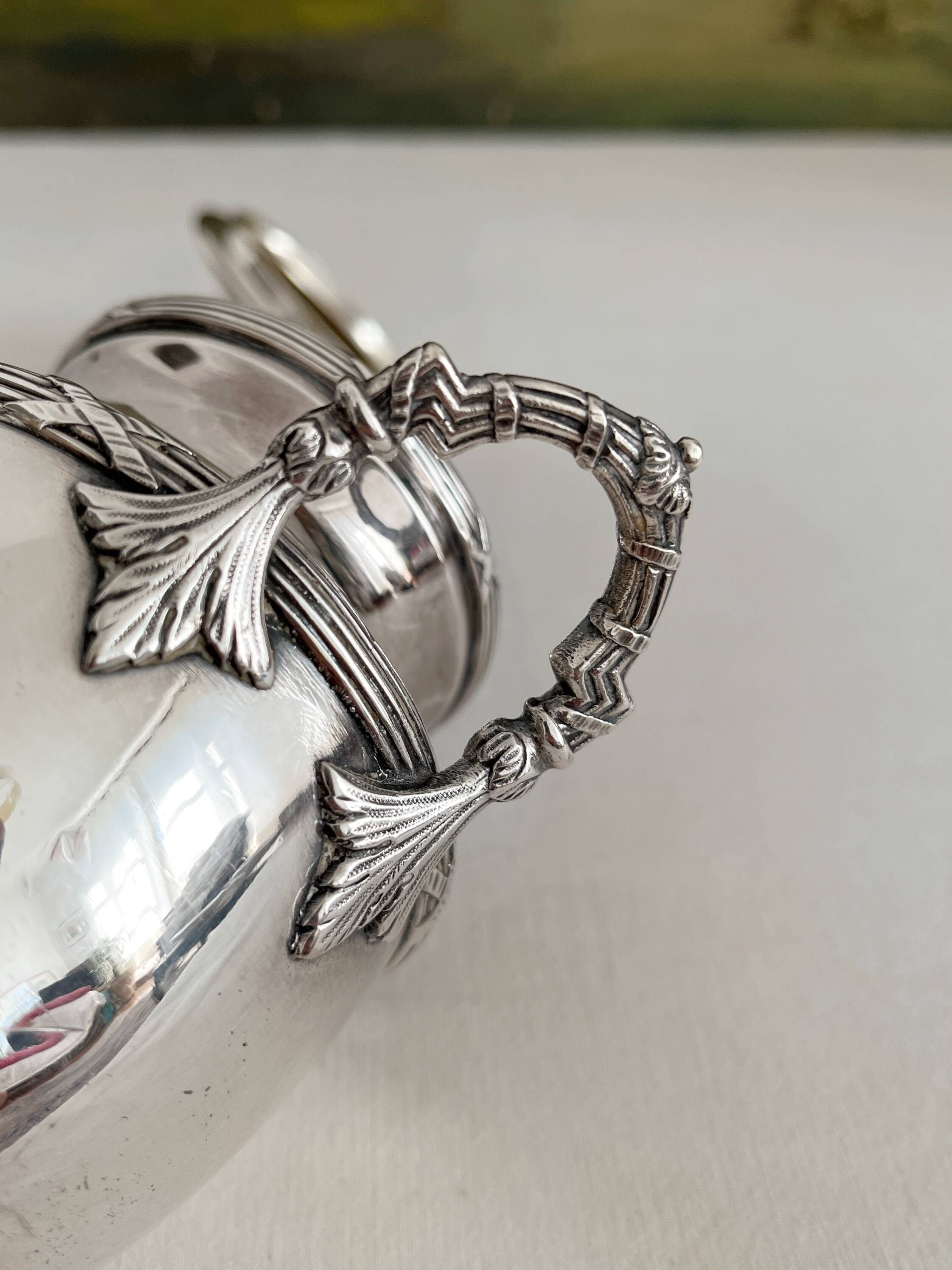 Antique monogrammed silver-plated metal sugar bowl