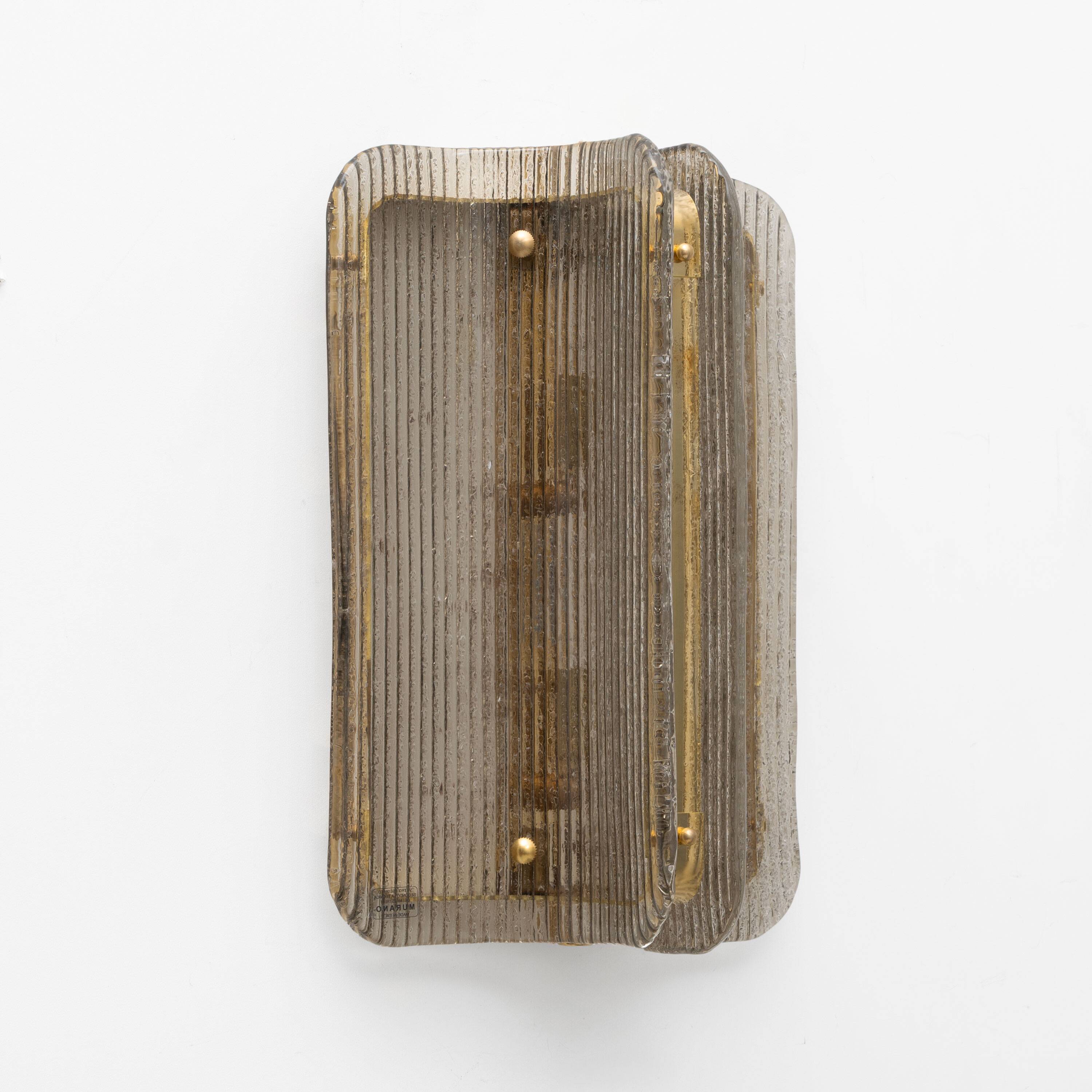 Pair of Curved Ribbed Grey Murano Glass and Brass Wall Sconces