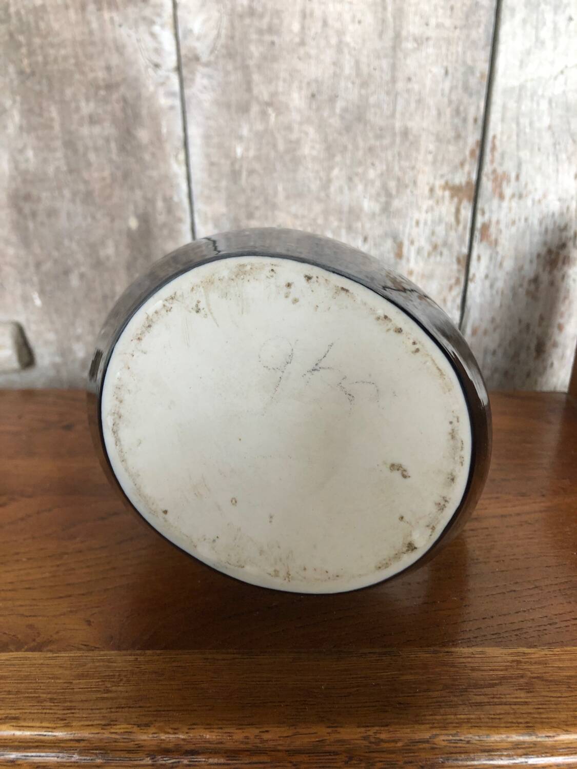 Old Black Enameled Porcelain Pitcher Blue Reflections Yellow Interior 50's #A759