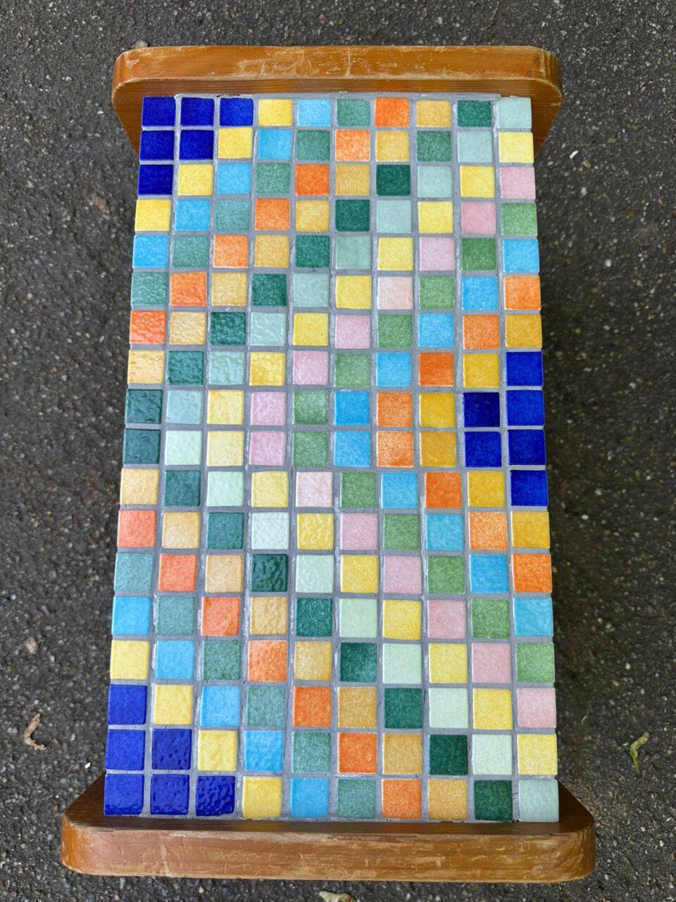 Vintage wooden and mosaic stool bench from the 1960s.