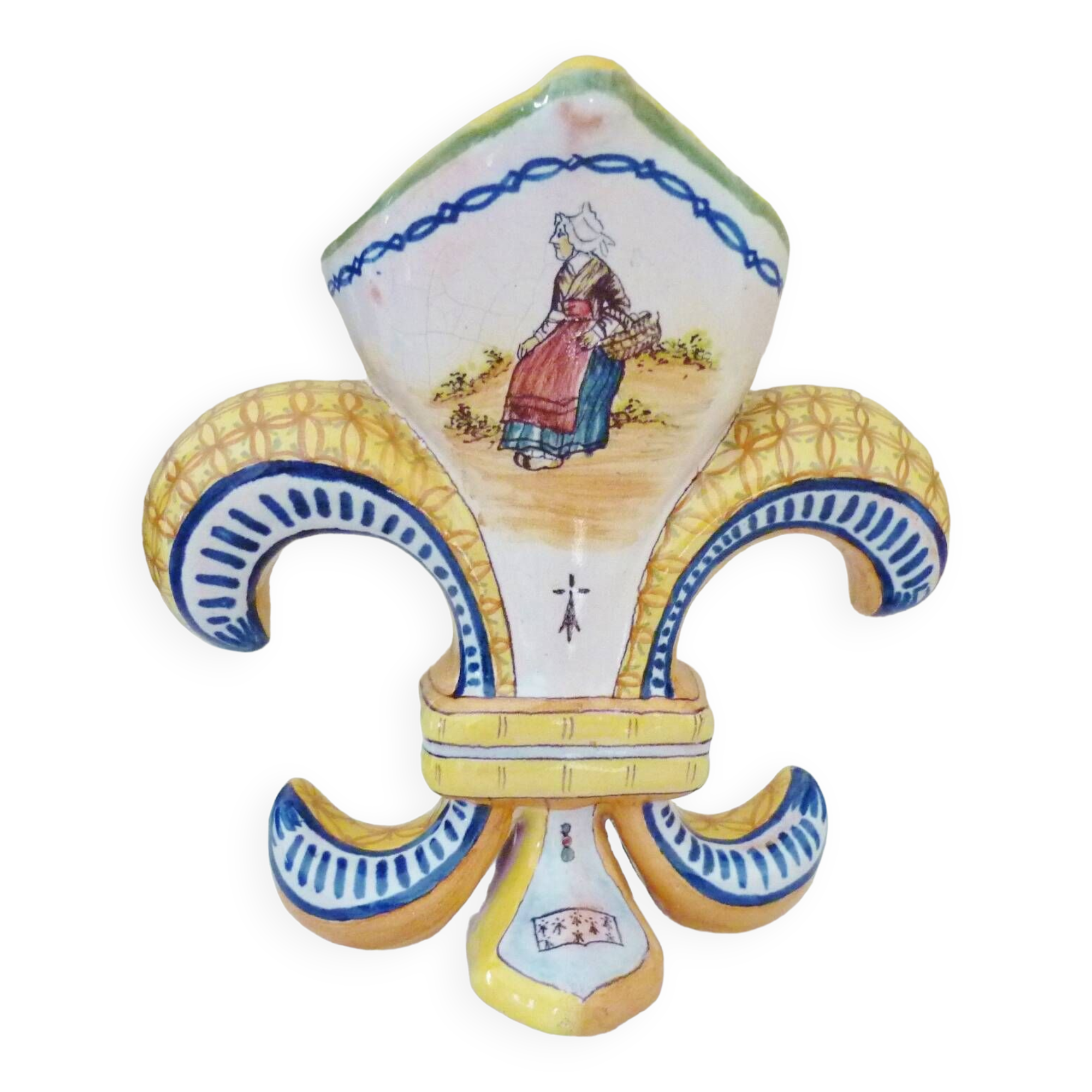 Fleur-de-lis shaped vase, glazed ceramic, Brittany, Quimper, Breton ermines, character