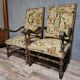 Pair of antique carved wooden armchairs – Figurative upholstery