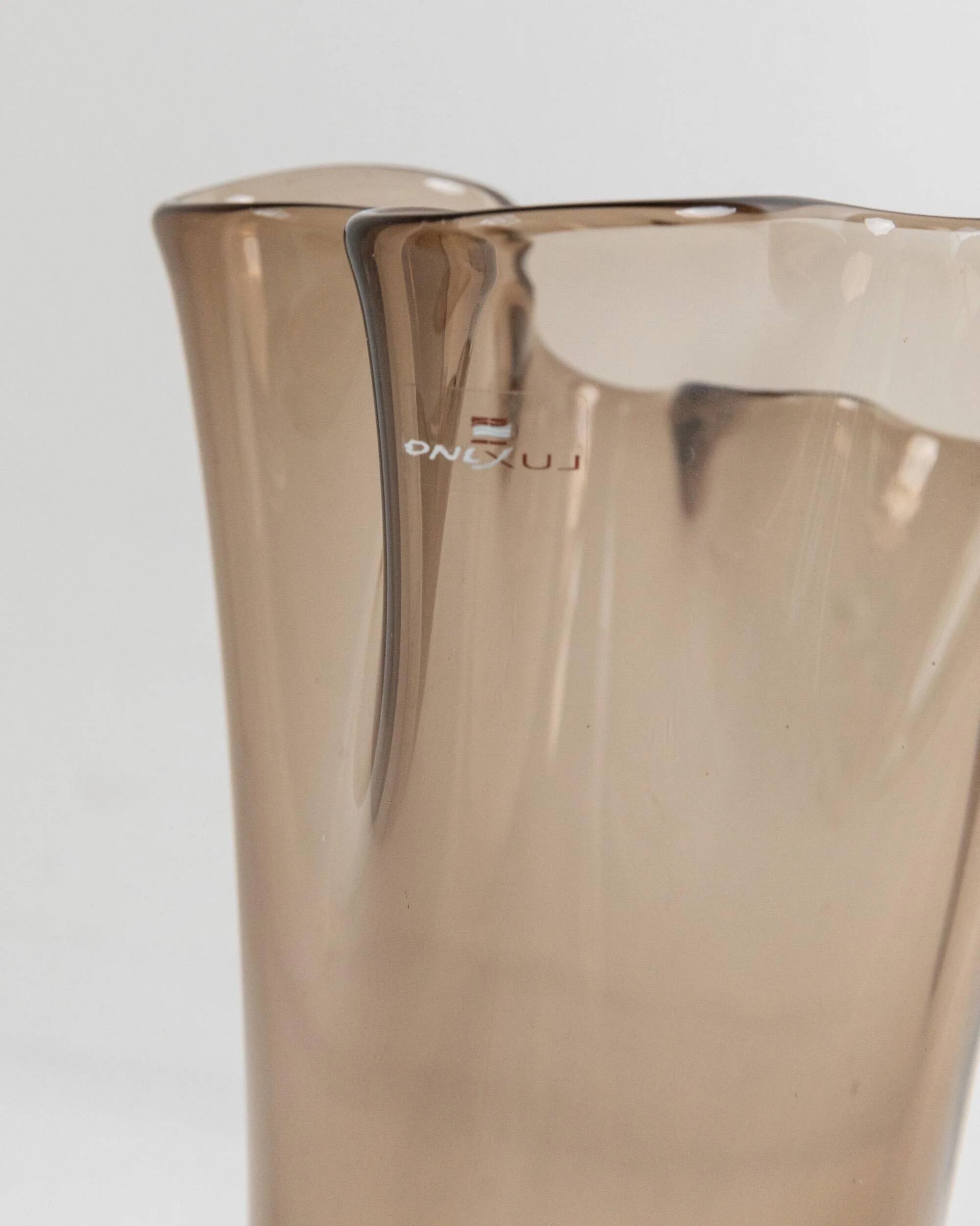 Vintage Murano glass vase from the 1980s, smoky brown, organically wavy shape.