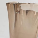 Vintage Murano glass vase from the 1980s, smoky brown, organically wavy shape.