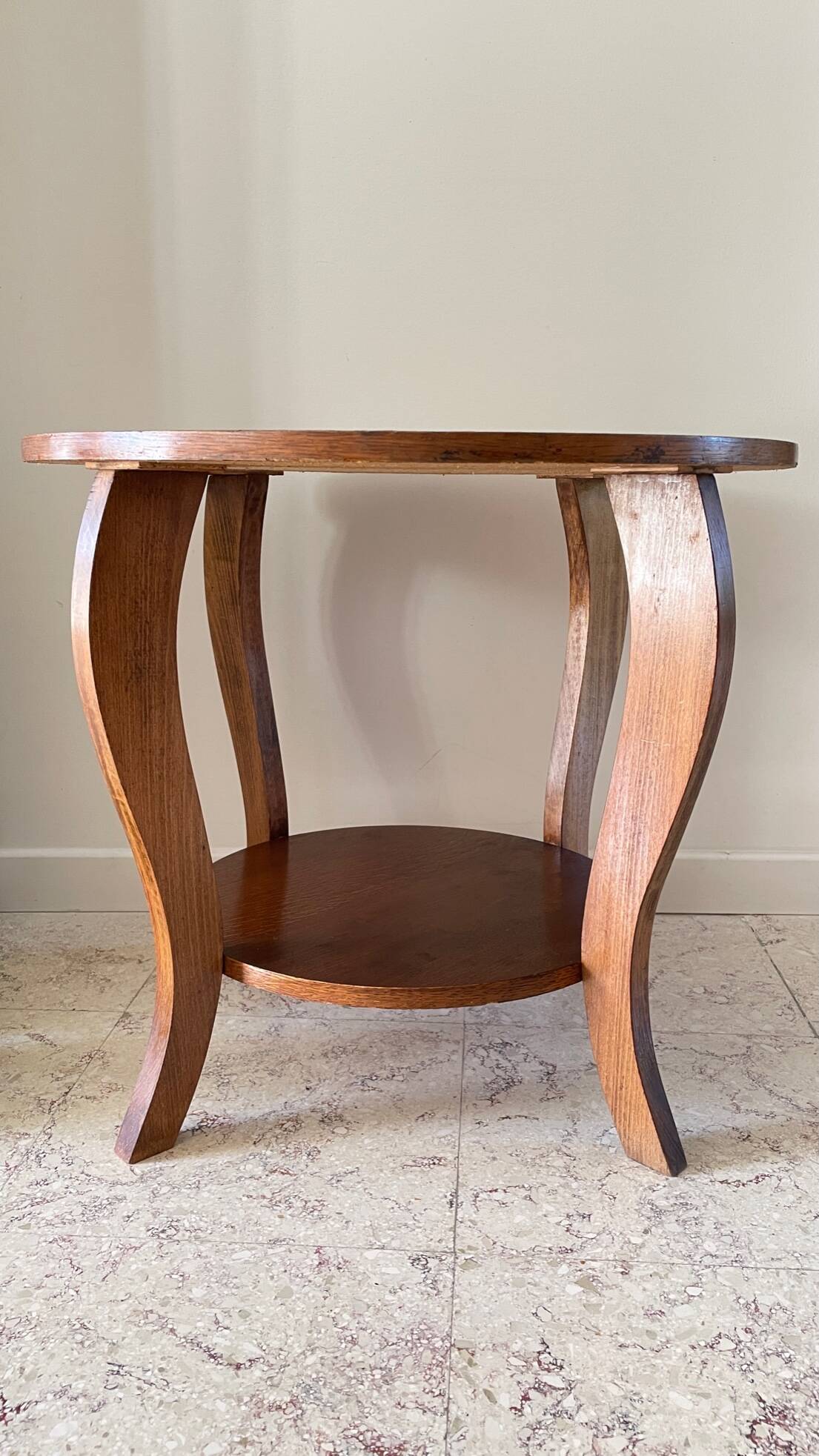 Vintage round oak coffee table with 2 shelves