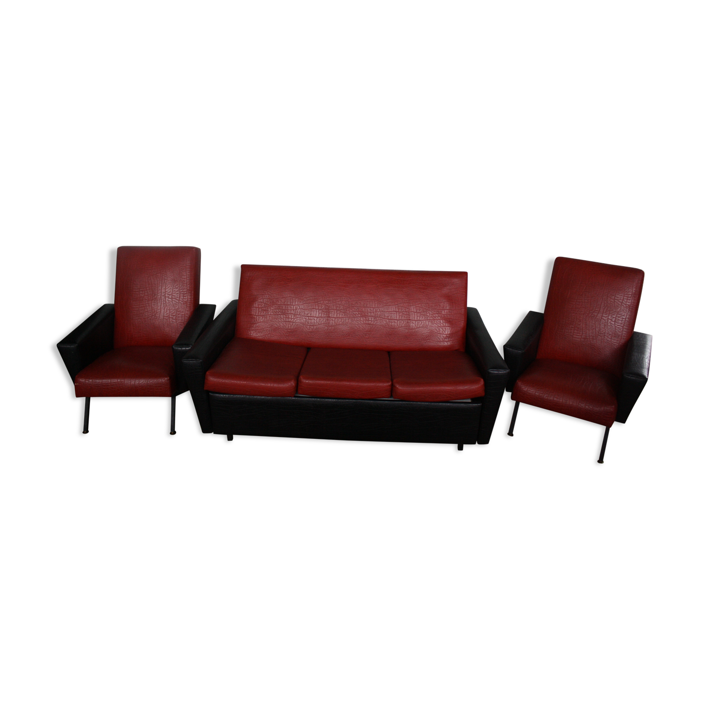 3-seater sofa and 2 rockabilly chairs in red and black skai
