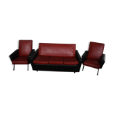 Canapé 3 places et 2 fauteuils rockabilly en skaï rouge et noir