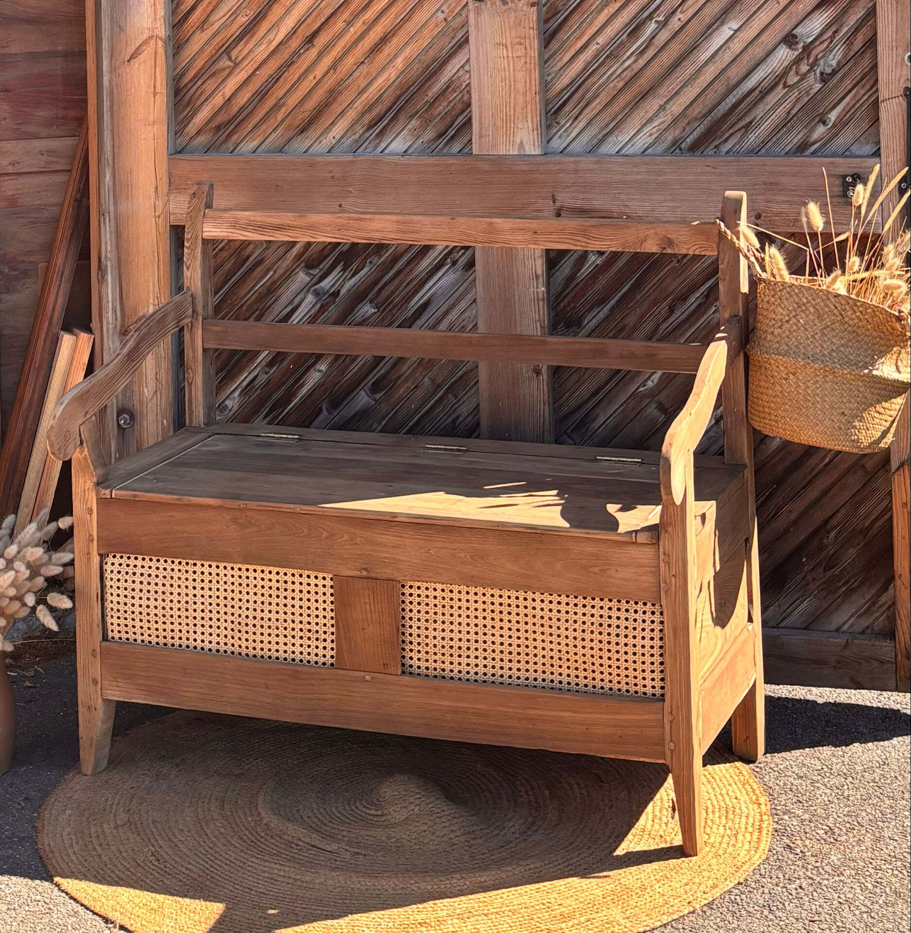 Antique oak solid wood bank with caning.