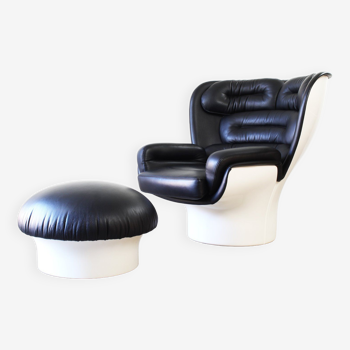Joe Colombo Elda Chaise + Pouf en cuir noir et coque en fibre de verre blanche