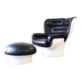 Joe Colombo Elda Chair + Ottoman in Black Leather and White Fiberglass Shell
