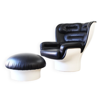 Joe Colombo Elda Chaise + Pouf en cuir noir et coque en fibre de verre blanche