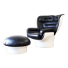 Joe Colombo Elda Chair + Ottoman in Black Leather and White Fiberglass Shell