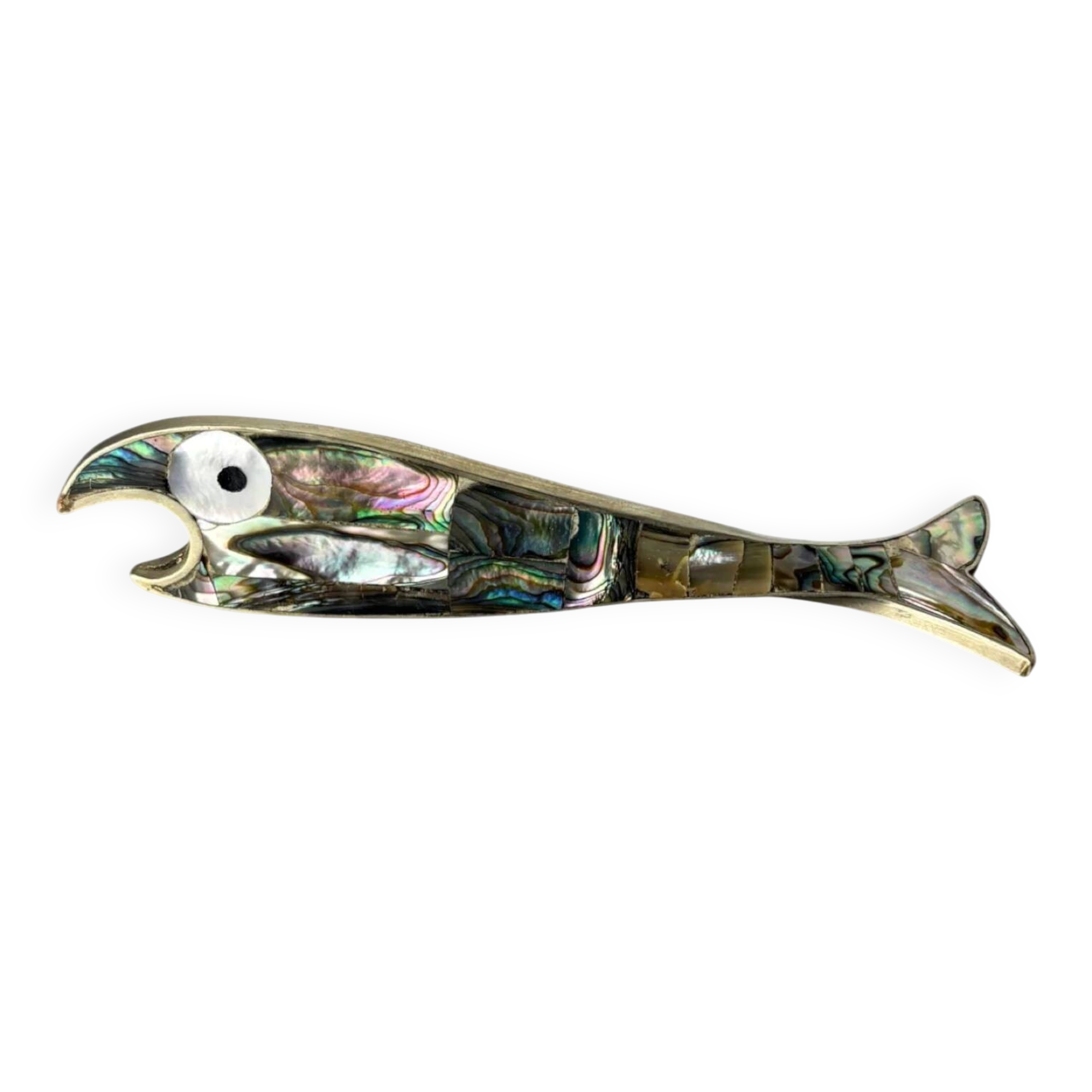 Fish bottle opener, abalone shell & alpaca, Mexico, 1980