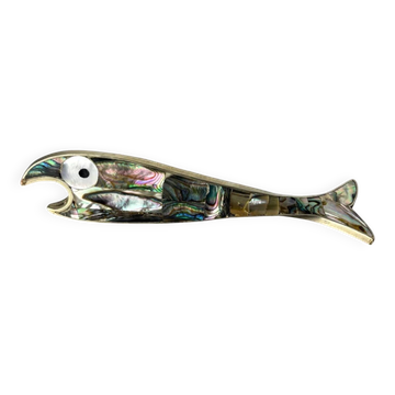 Fish bottle opener, abalone shell & alpaca, Mexico, 1980