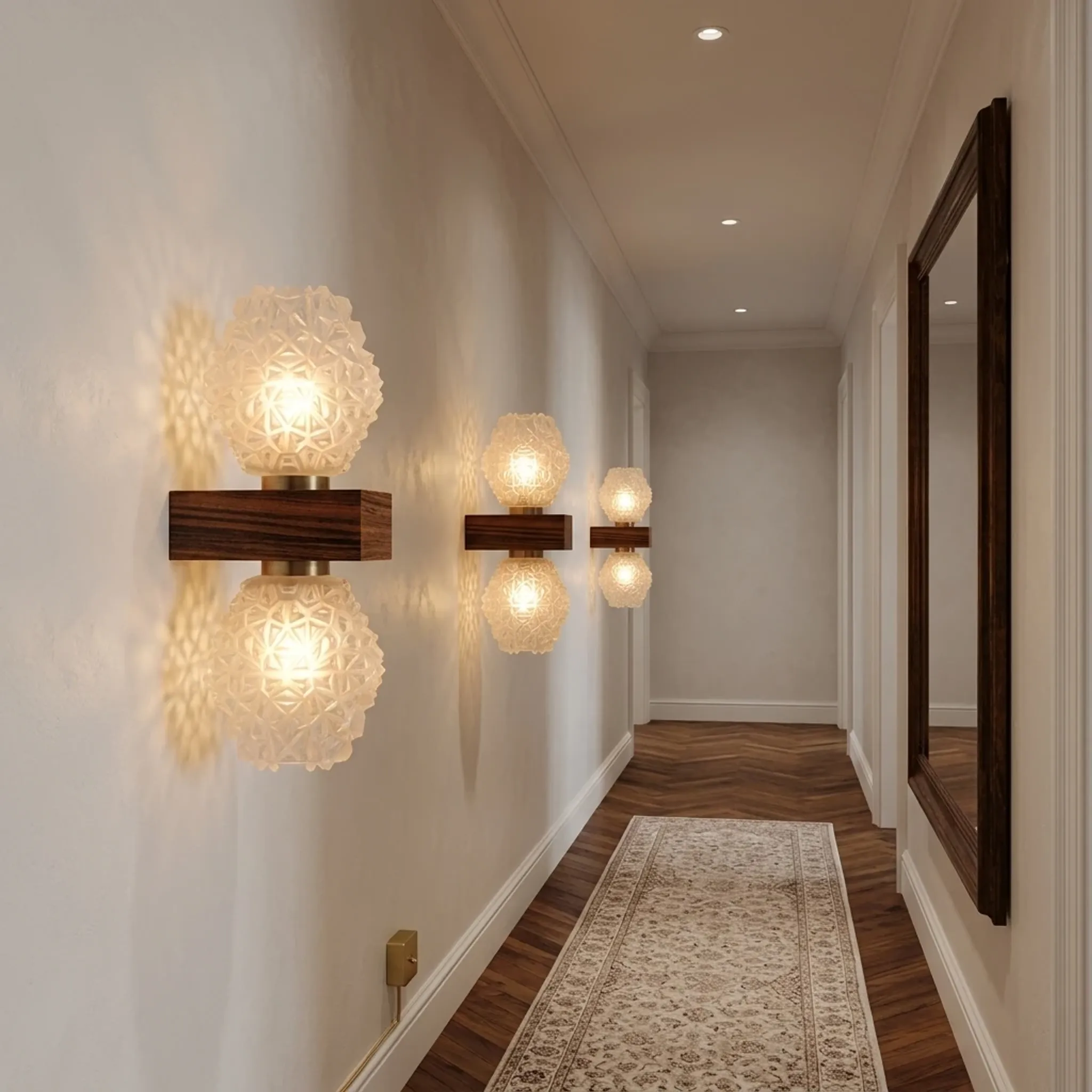 Set of 3 Temde Leuchten wall lights, Teck and frosted glass, 1950-60.