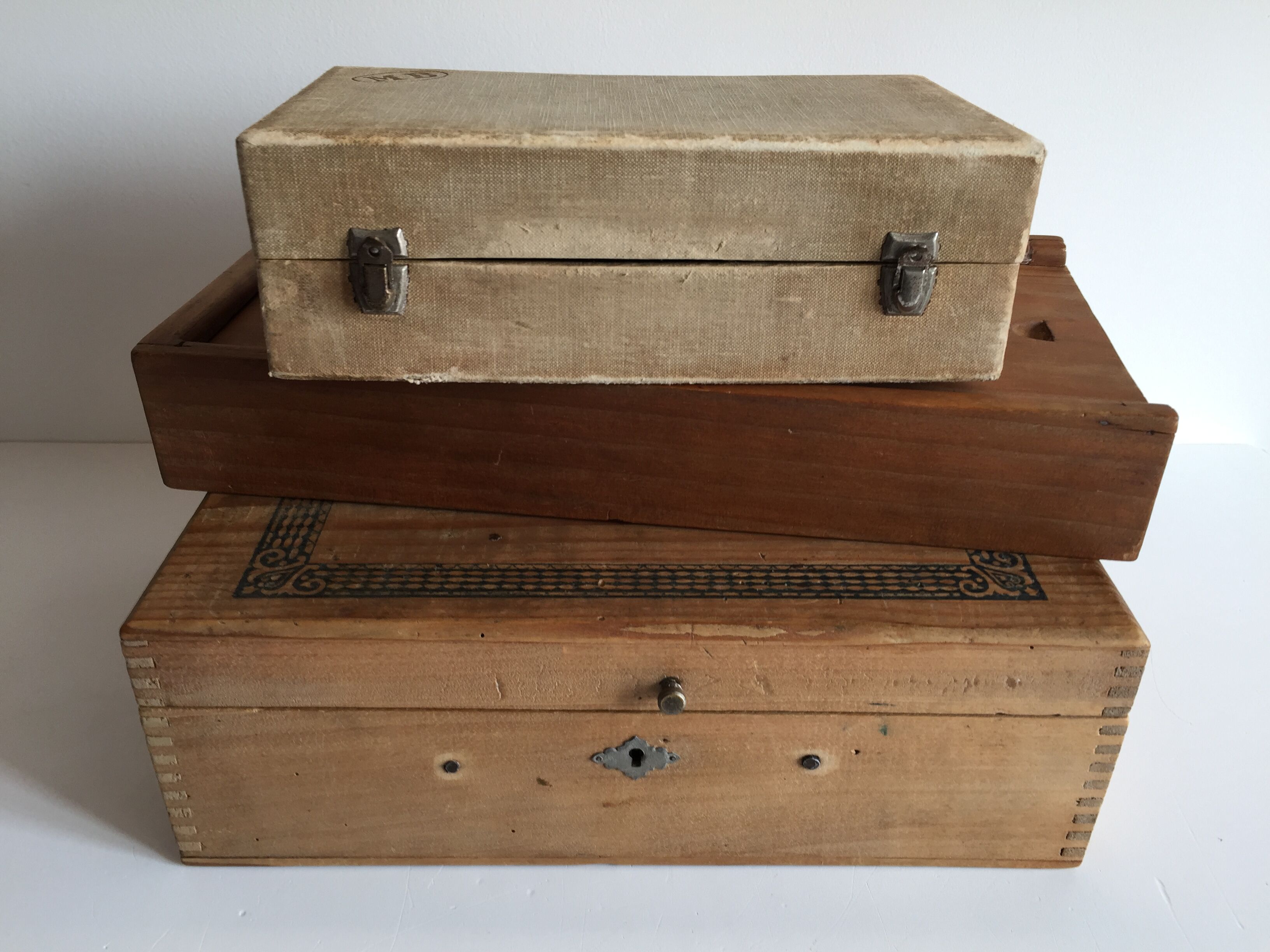 Ensemble de 3 boites en bois toilette de pension vintage