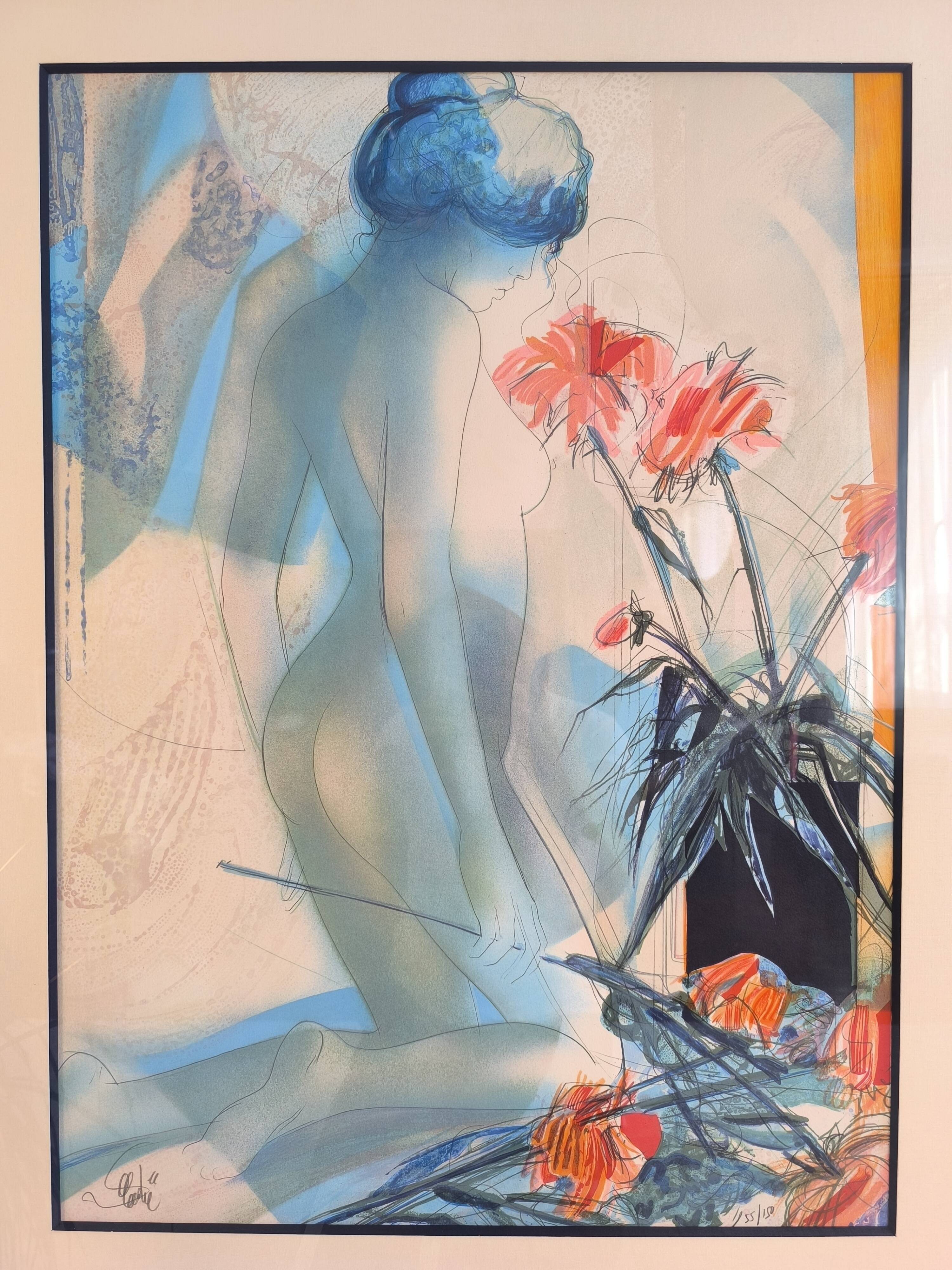 Original signed lithograph ‘’Nude with Dahlias’’ by Jean Baptiste Valadié