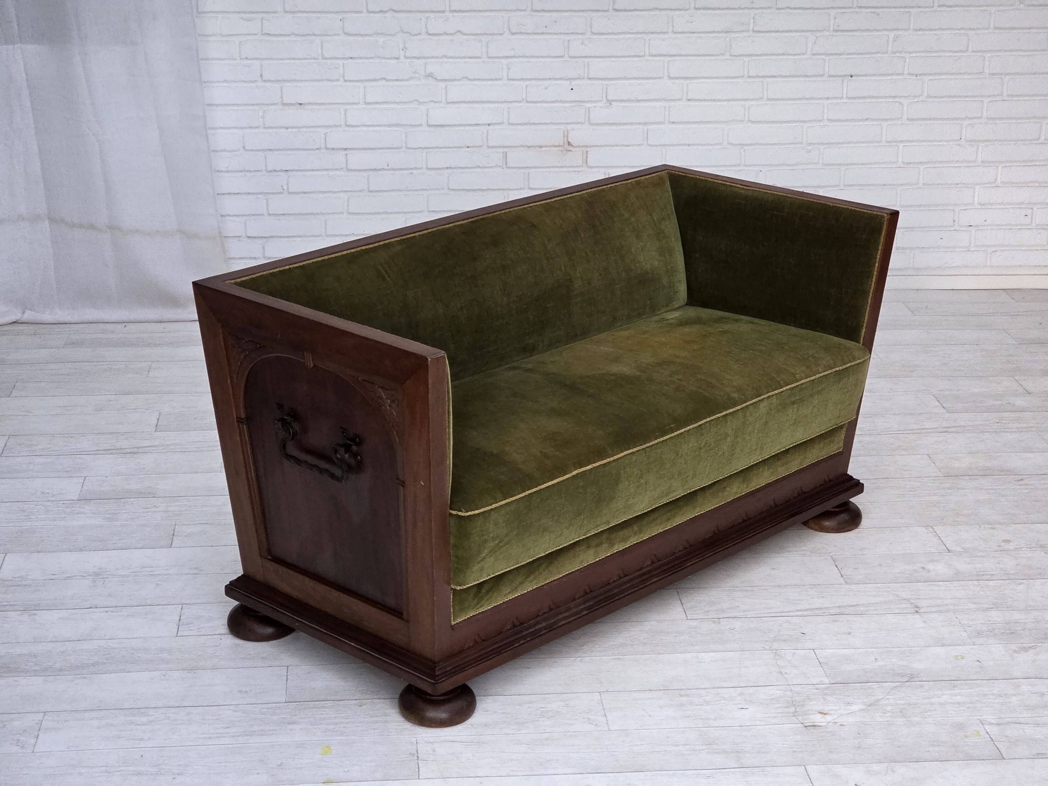 1950s, Danish 2-seater sofa, original green furniture velour, oak wood.