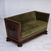 1950s, Danish 2-seater sofa, original green furniture velour, oak wood.
