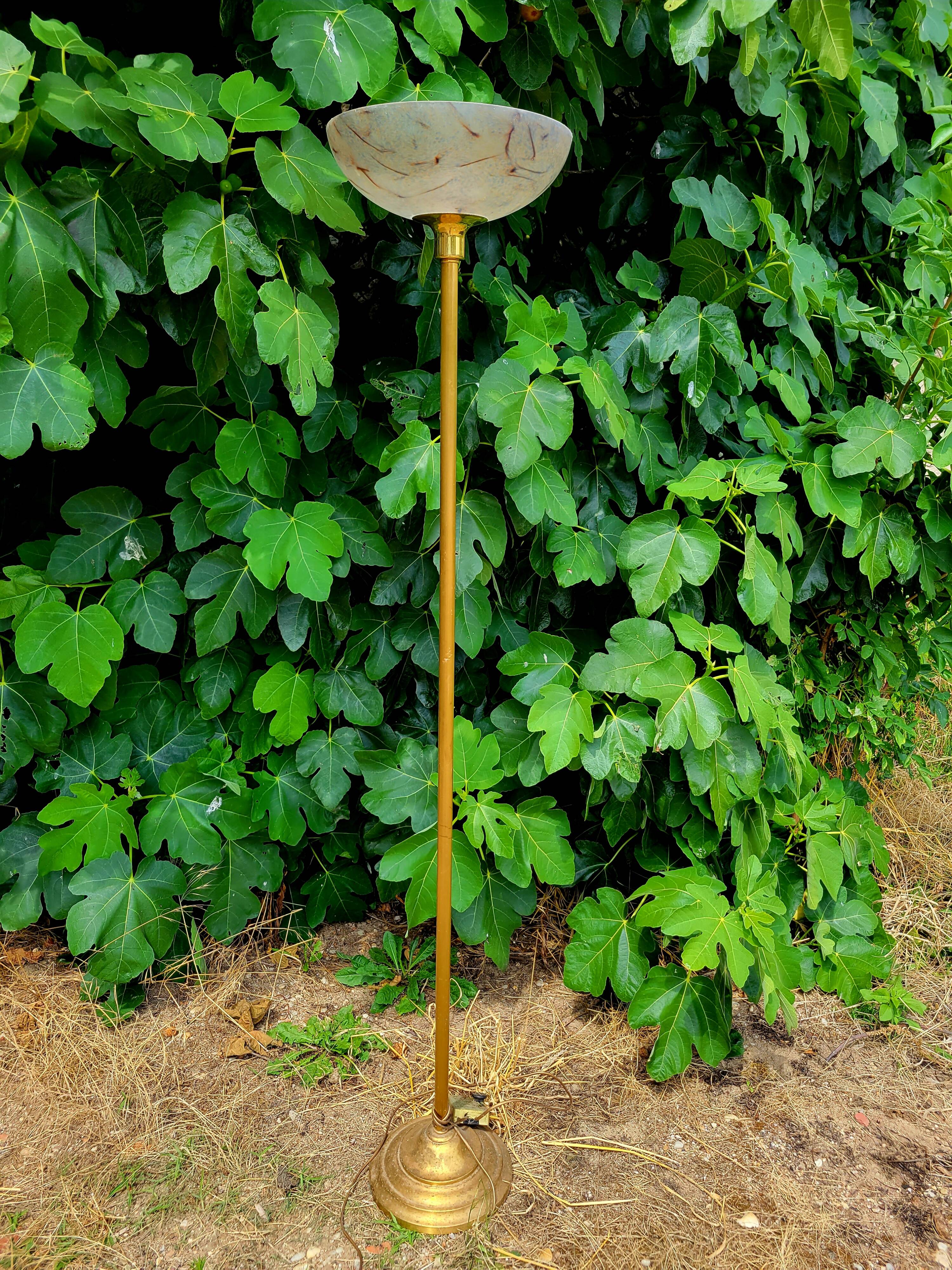 Golden floor lamp with opaline glass lampshade