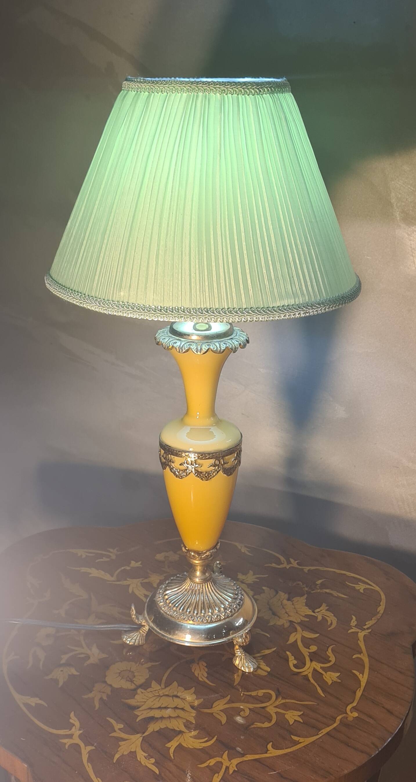 honey opaline lamp with gilding, pleated satin shade 50x25, electrical in good condition, very good