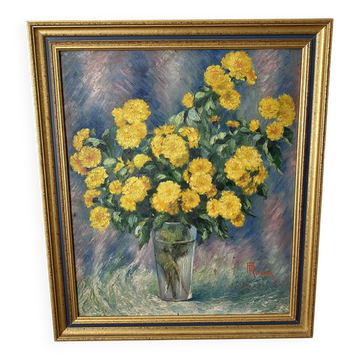Painting of a bouquet of flowers, oil on cardboard still life.
