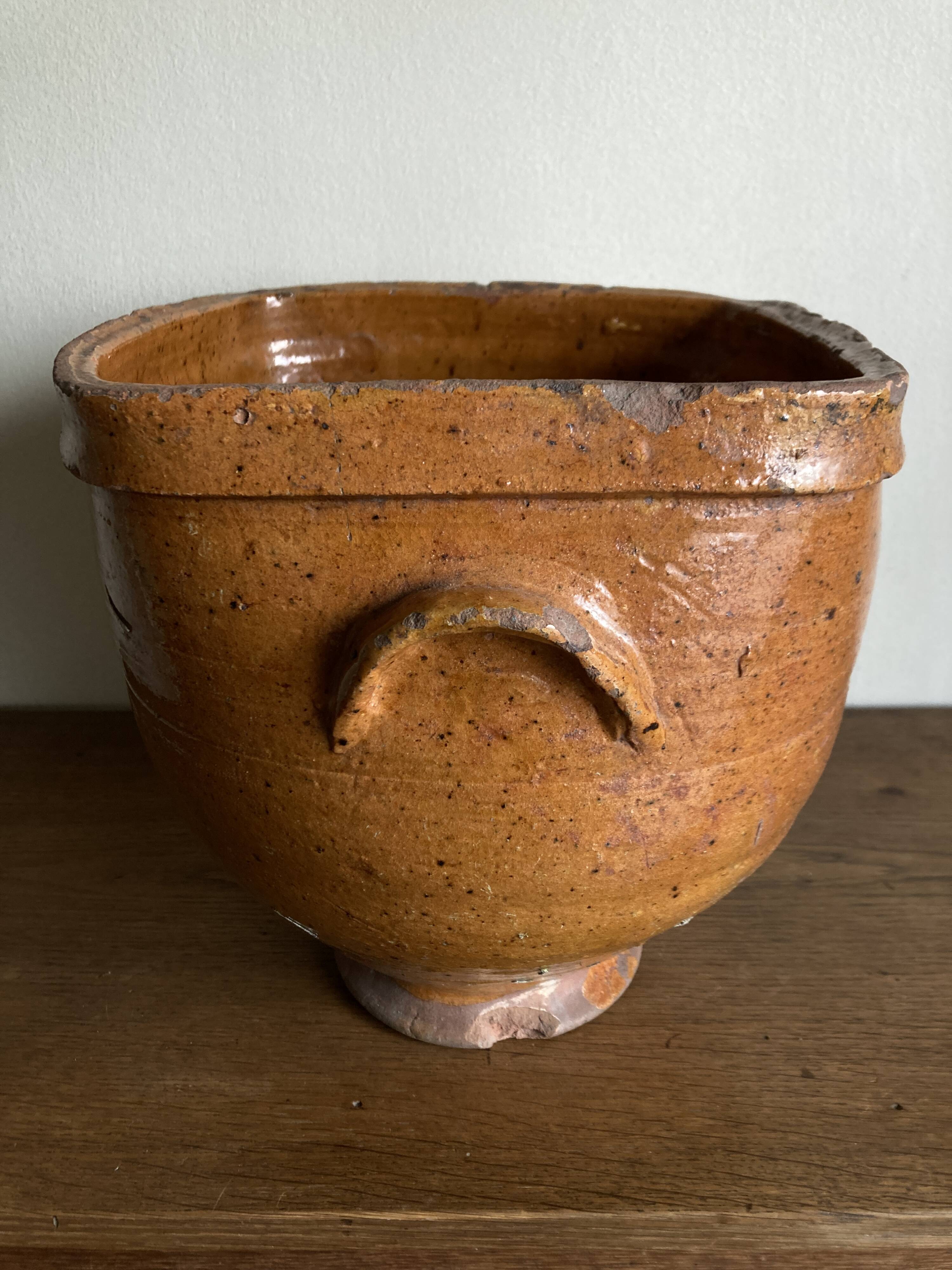 XXL glazed earthenware cache pot from the countryside, planter 1950
