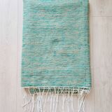 Plaid tissé main vert et lin à fines rayures - franges fines