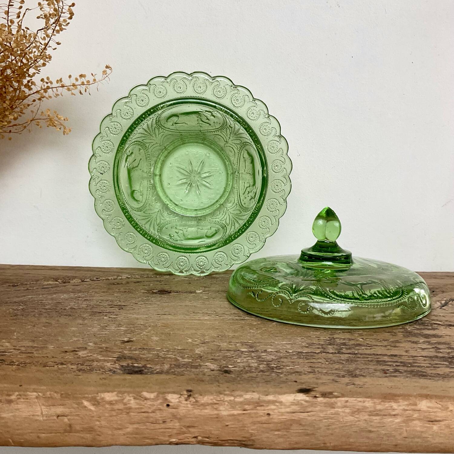 Green glass butter dish