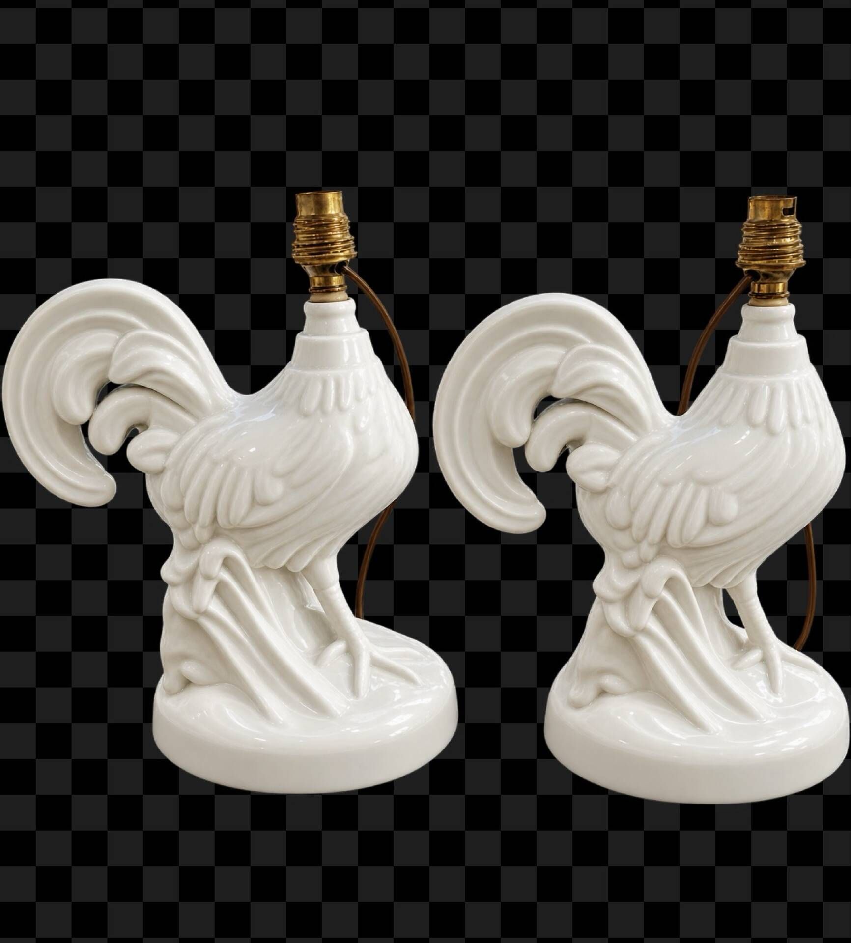 Pair of vintage rooster lamps in white glazed ceramic.