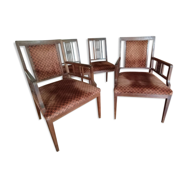 Ensemble Arts & Crafts 1900-1925 – 2 fauteuils et 2 chaises en bois massif