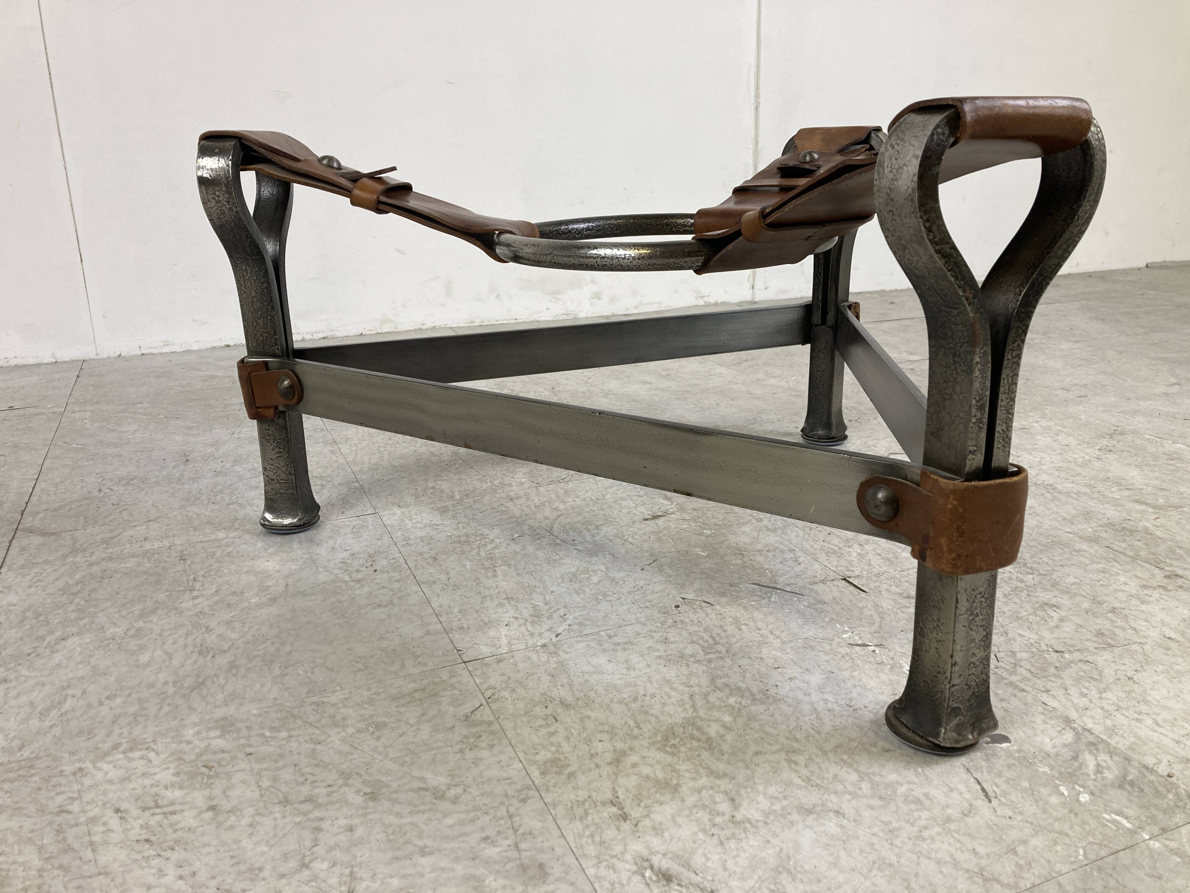 Mid century iron and leather coffee table, 1950s
