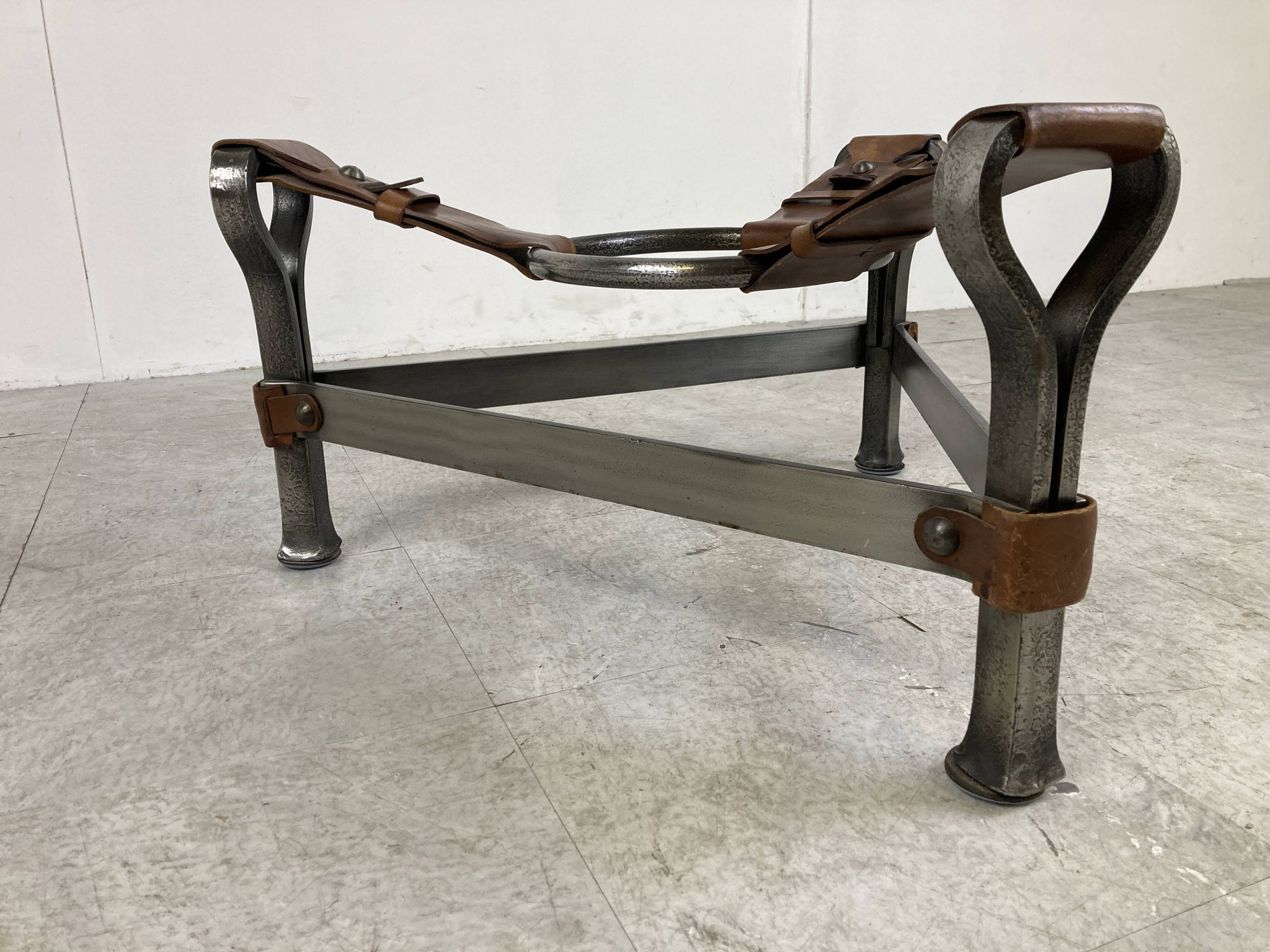Mid century iron and leather coffee table, 1950s
