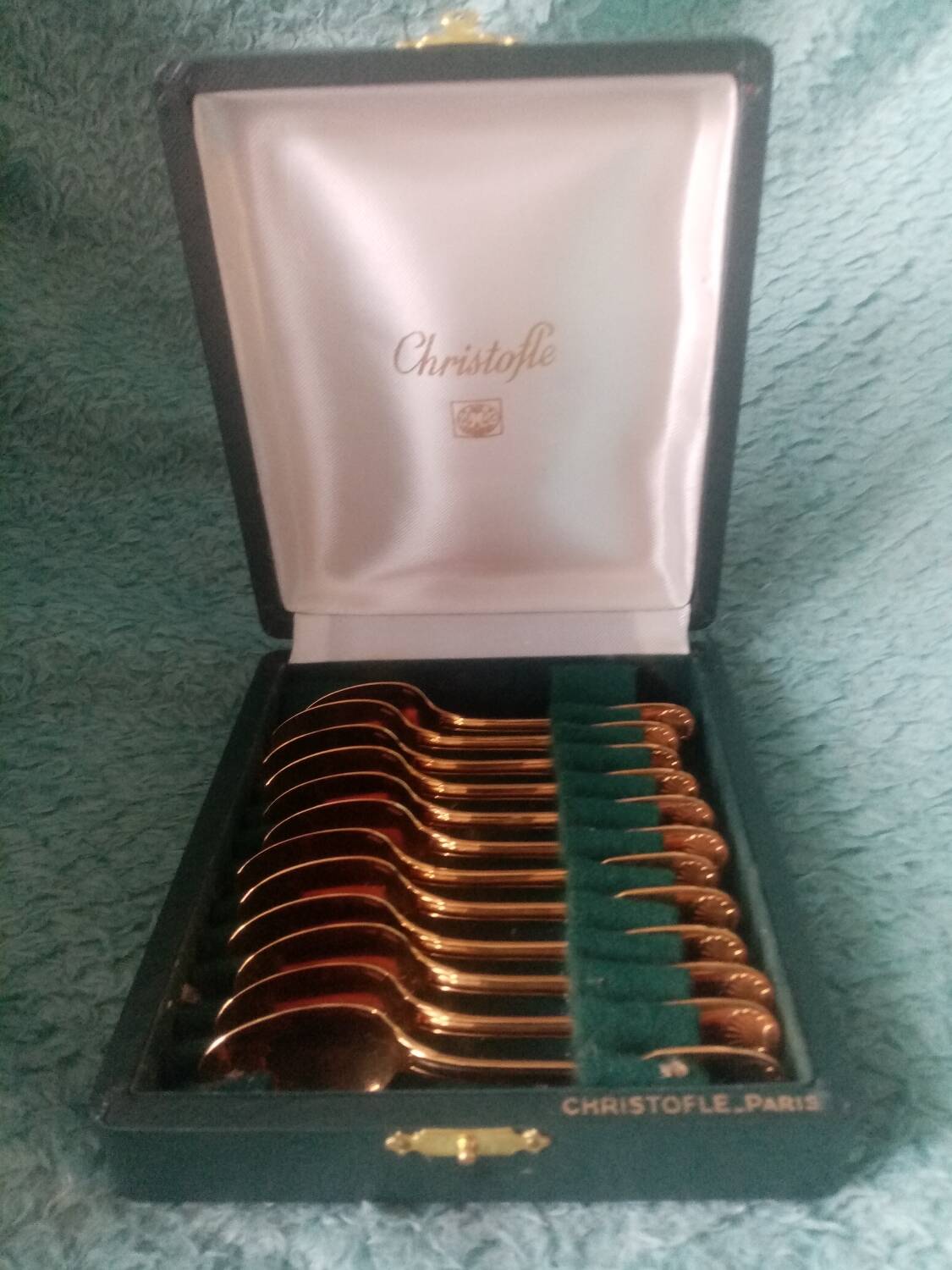 Box of 12 Christofle mocha spoons in gold-plated metal, Vendome model