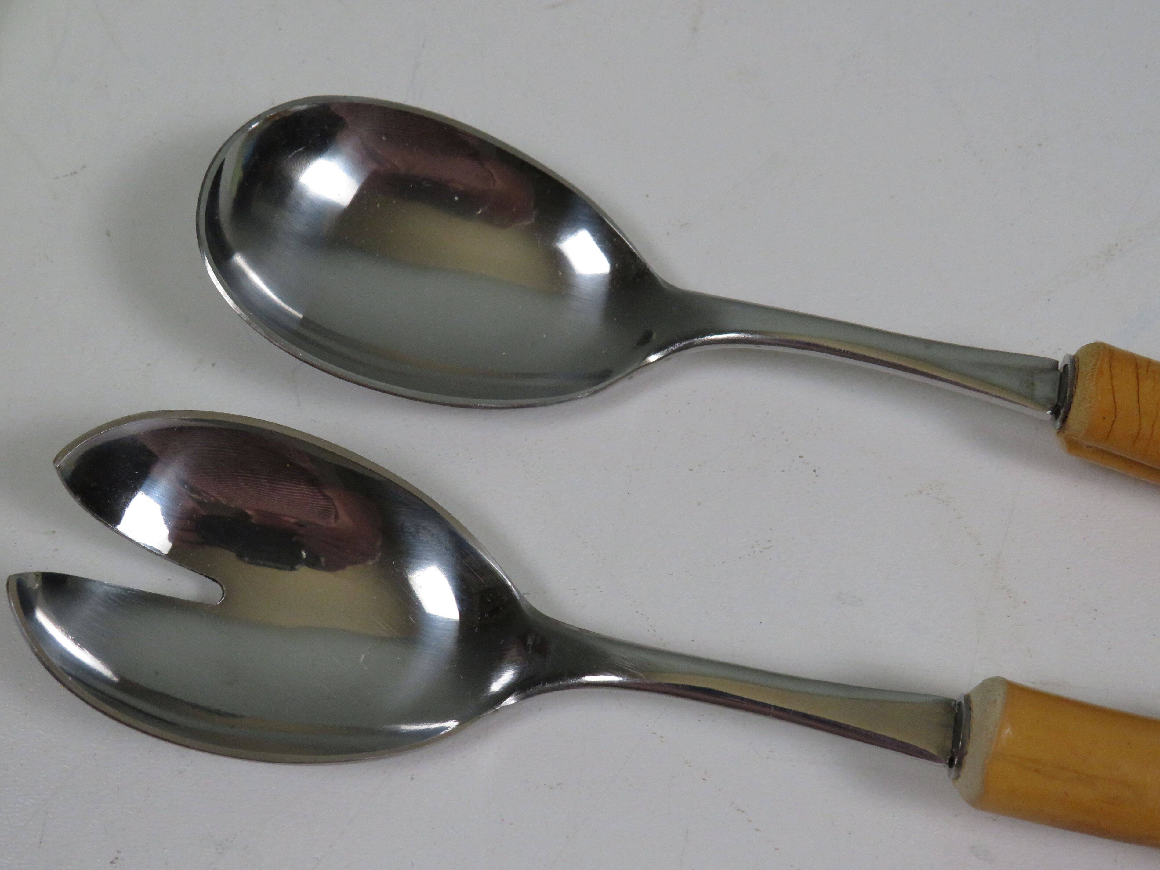 Vintage salad service Solingen in stainless steel and bamboo – Germany