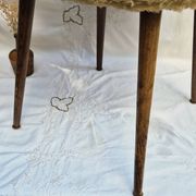 2 Scandinavian chairs with compass legs in faux fur and blue satin covers, 1970.