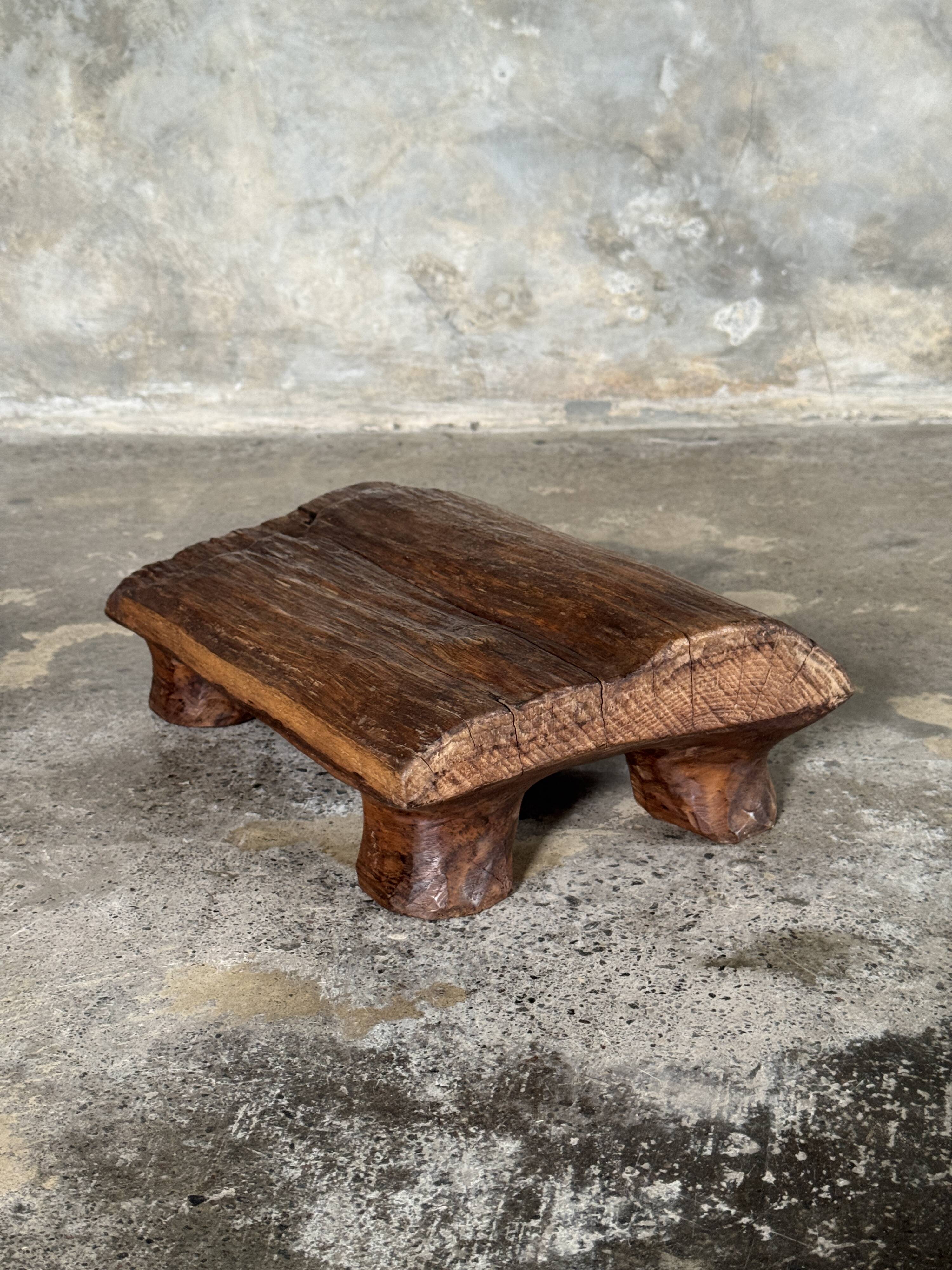 Small stool, footrest in organic blond teak monoxyle wabi-sabi L22