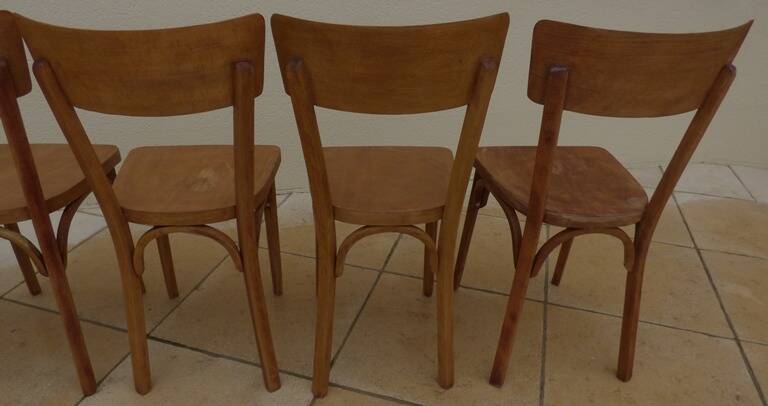 6 vintage Baumann wooden bistro chairs in their patina