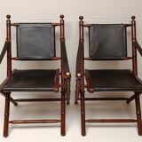 Pair of vintage "safari" folding armchairs in mahogany and leather