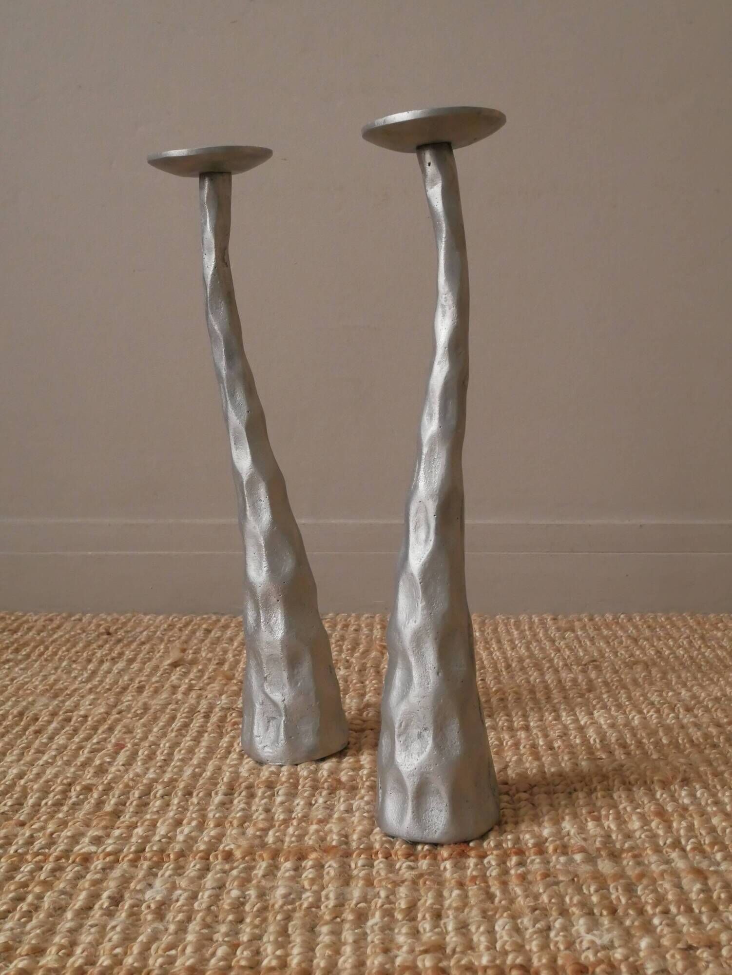 Pair of brushed aluminum candle holders sculpted contemporary brutalist design handmade sculptures